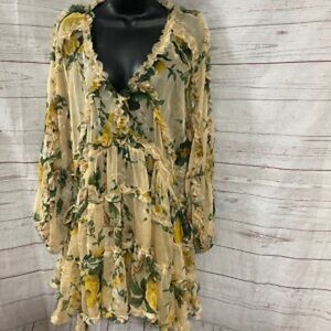 OPT Angelique Floral Print Ruffled Mini Babydoll Dress Yellow Green size medium